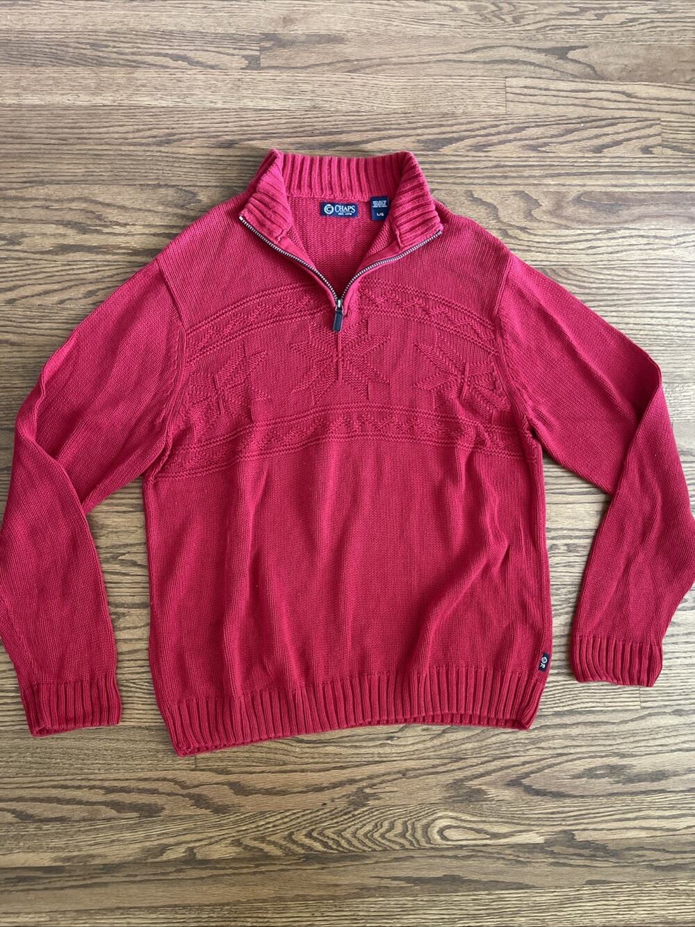 Chaps Quarter Zip Sweater Cotton Mens Large Red Mock Neck Long Sleeve Snowflake